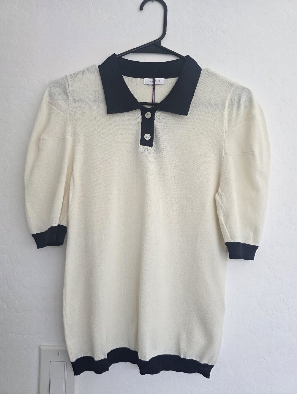 LASCANA Cream Short-Sleeve Cream Polo Sweater with Navy Trim NWT